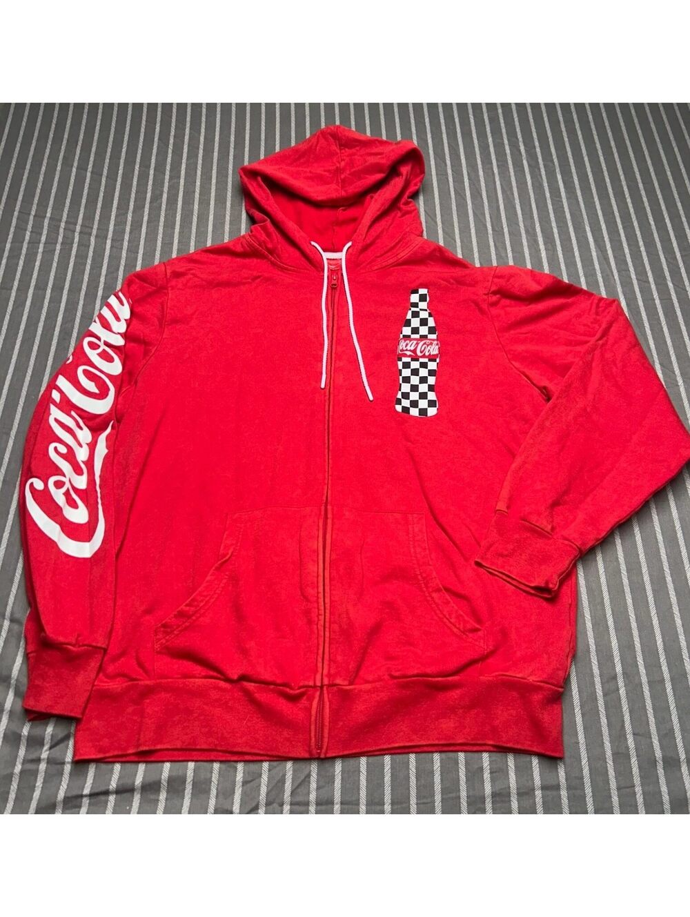 Vtg 90s Coca Cola Coke Zip Up Tie String Red Hoodie Sweatshirt Men's Sz L 42/44